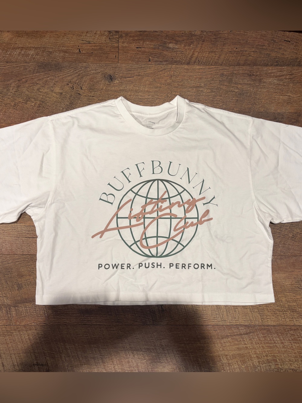 BuffBunny White Cropped Graphic Tee with Green and Tan Logo NWOT - Picture 1 of 4